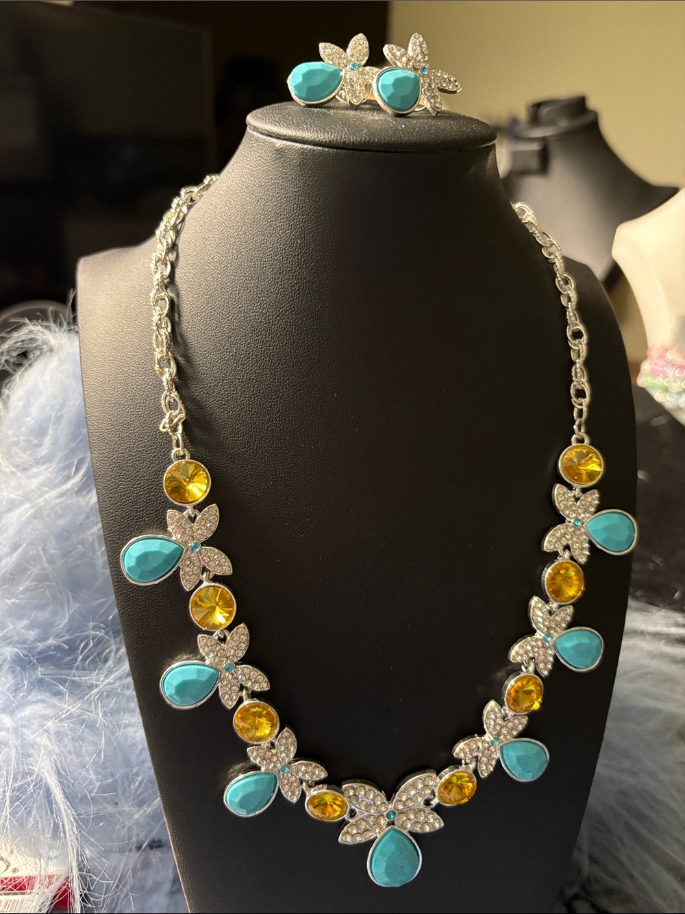 Faux Turquoise & Yellow Crystal Statement Necklace and Earrings Set